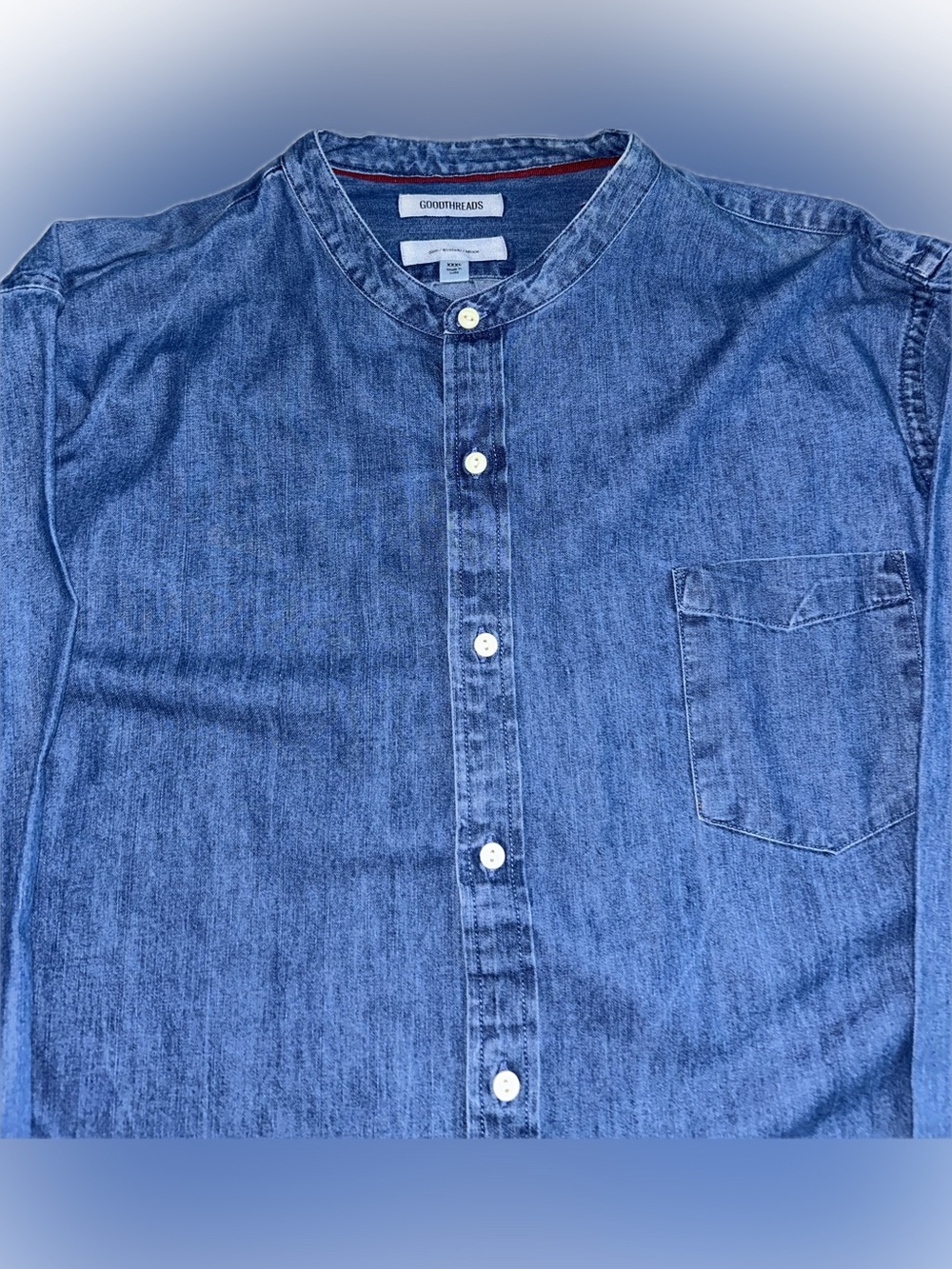 Goodthreads Indigo Denim Mock Neck Band Collar Button-Up Shirt